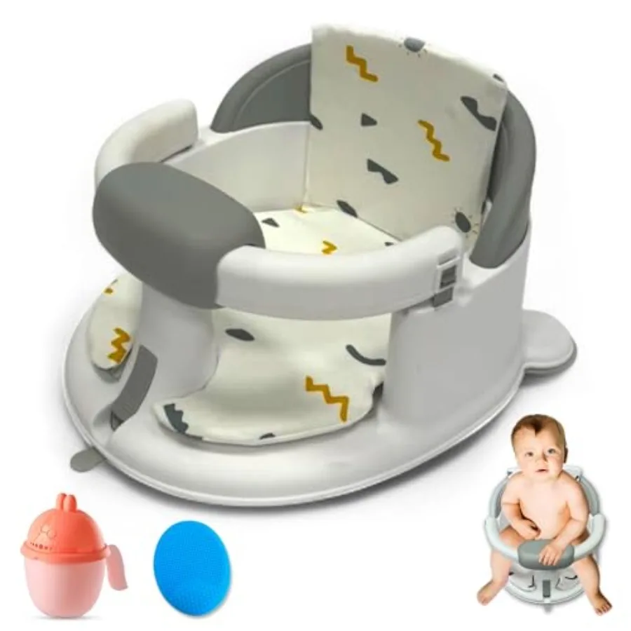

Non-Slip Baby Bath Seat for 6-12 Months with Washable Cushion Cap Brush Shower Mug Soft Pink Infant Chair for Safe Bathing and
