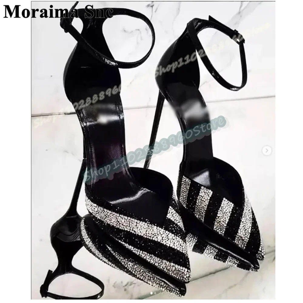 

Bling Black Strip Crystals Pointy Sandals Thin High Heel Shoes For Women Ankle Buckle Strap Pointed Toe Luxury Sparkling Sandals