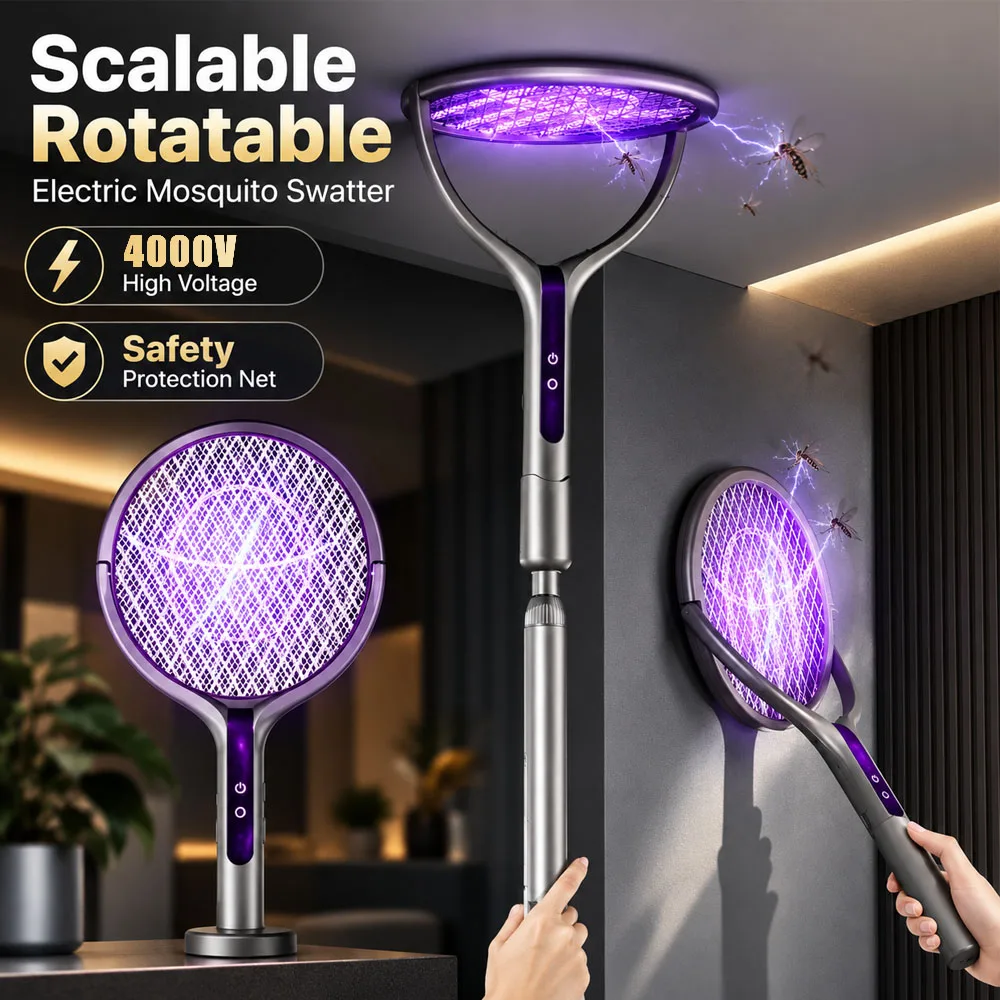 Electric Fly Swatter 4000V Bug Zapper Racket Rechargeable Rotating Head Telescopic 1200mAh Mosquito Zapper Home with Child Lock