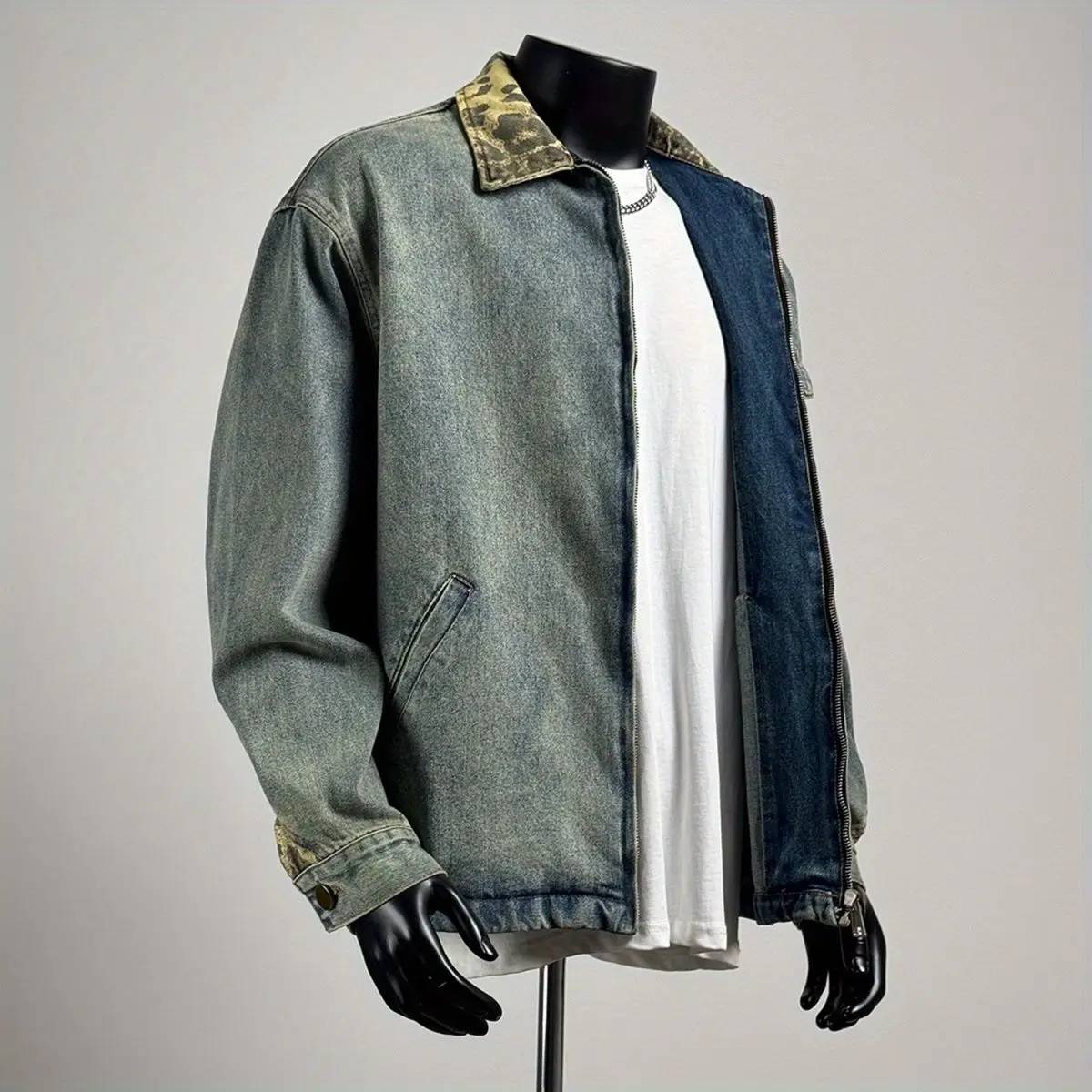 Japanese contrasting leopard print lapel denim jacket men's spring and autumn old washed retro jacket versatile tooling top