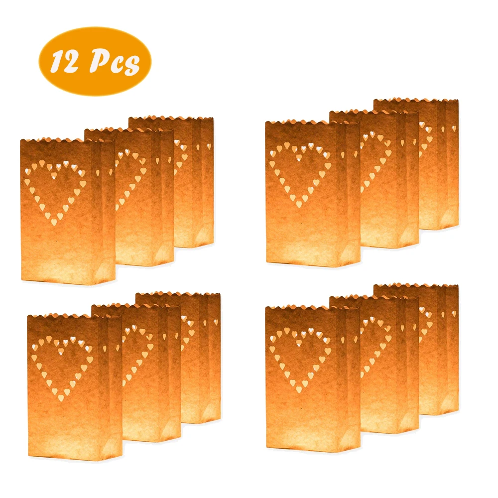 Heart Shape Fire Retardant Paper Candle Bag, Luminary, Wedding, Christmas, Events, Outdoor Decoration, 12Pcs Lot