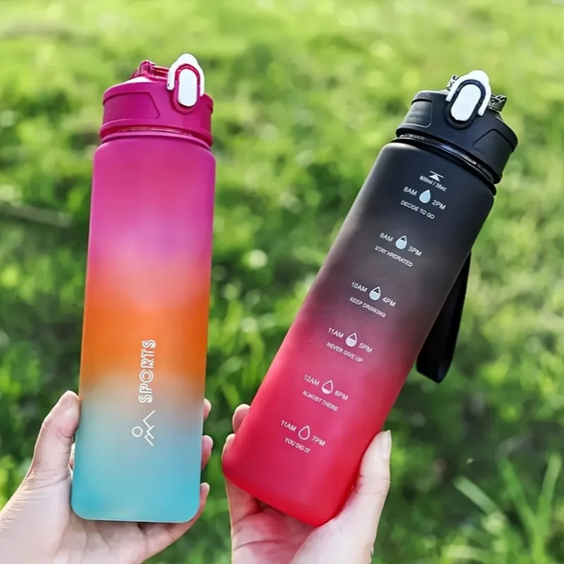 Botella de Agua con Tapa y Pajita, Antiderrames, con Escala de Hidratación en Color Degradado, para Camping, Deportes al Aire Libre