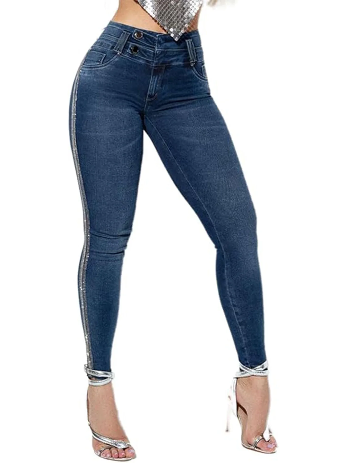 

Women's Washed Blue Fashion Side Silver Coated Strip Decorated High Waist Slim Butt Lifting Tight Nine-Crispy Casual Jeans