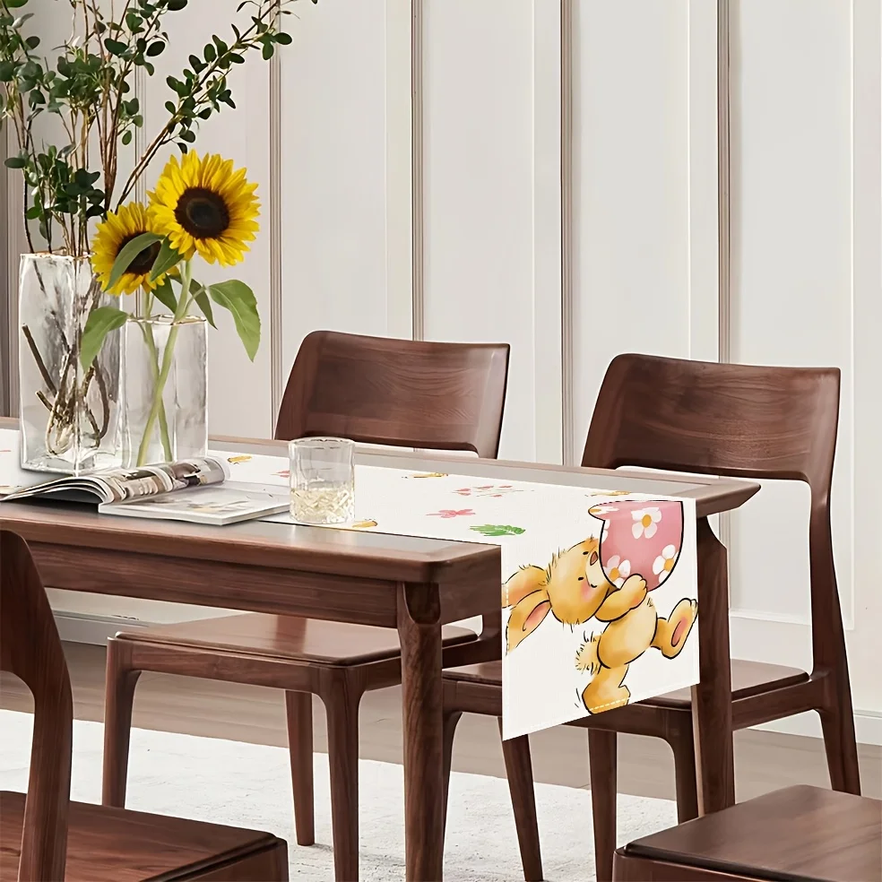 1pc Easter Bunny & Egg Table Runner Linen 2D Print - Cute Watercolor Design, Perfect for Kitchen Dining Room Decor & Holiday Gif