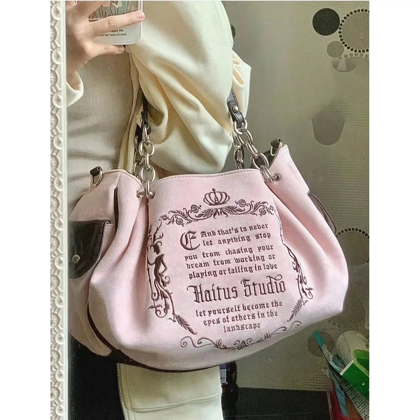 Classic Design Retro Literary Letter Suede Big Bag Large Capacity Handheld Crossbody Bag Chain Tote Bag