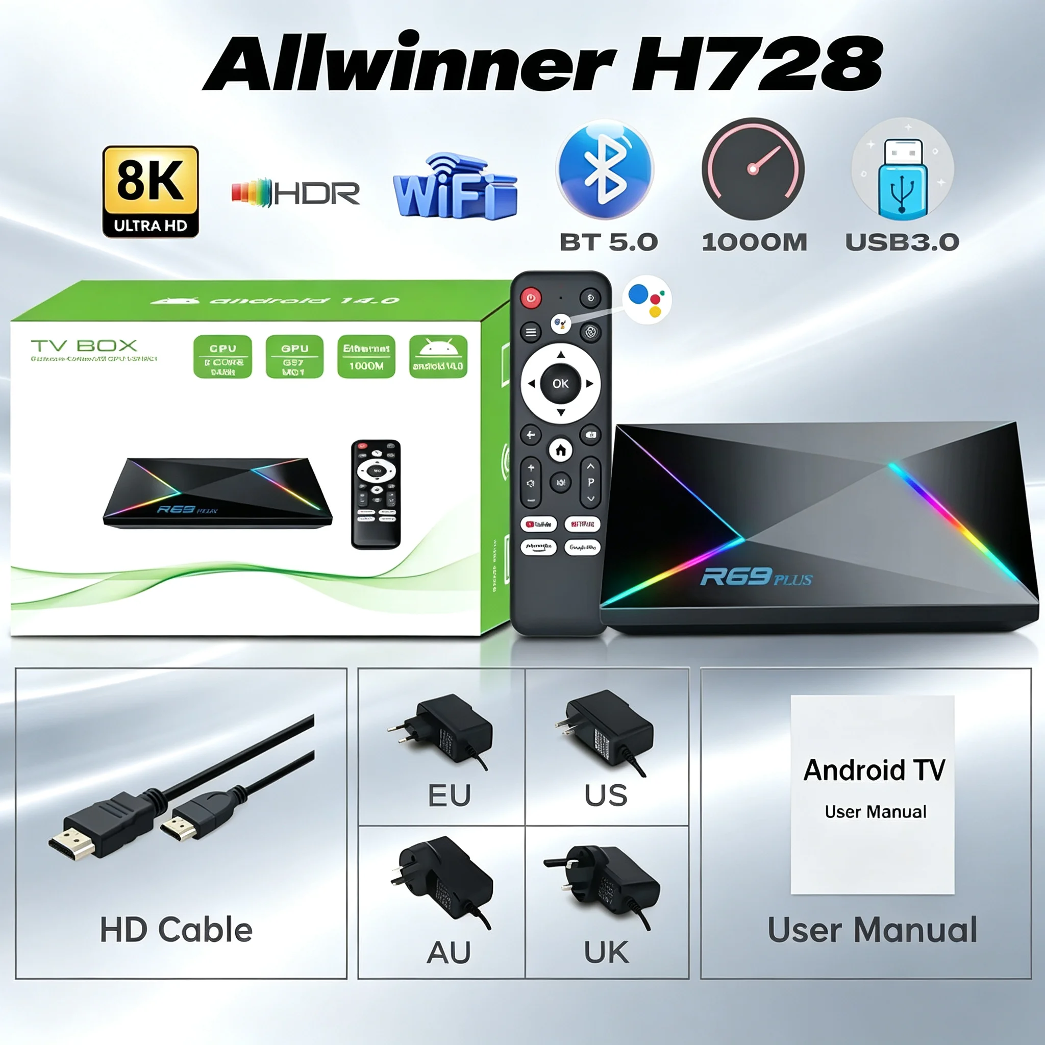 R69 Plus TV Box Allwinner H728 Octa Core Android 14 8K Ultra HD Voice Control WiFi 6 Netflix Smart Set Top Box Media Player