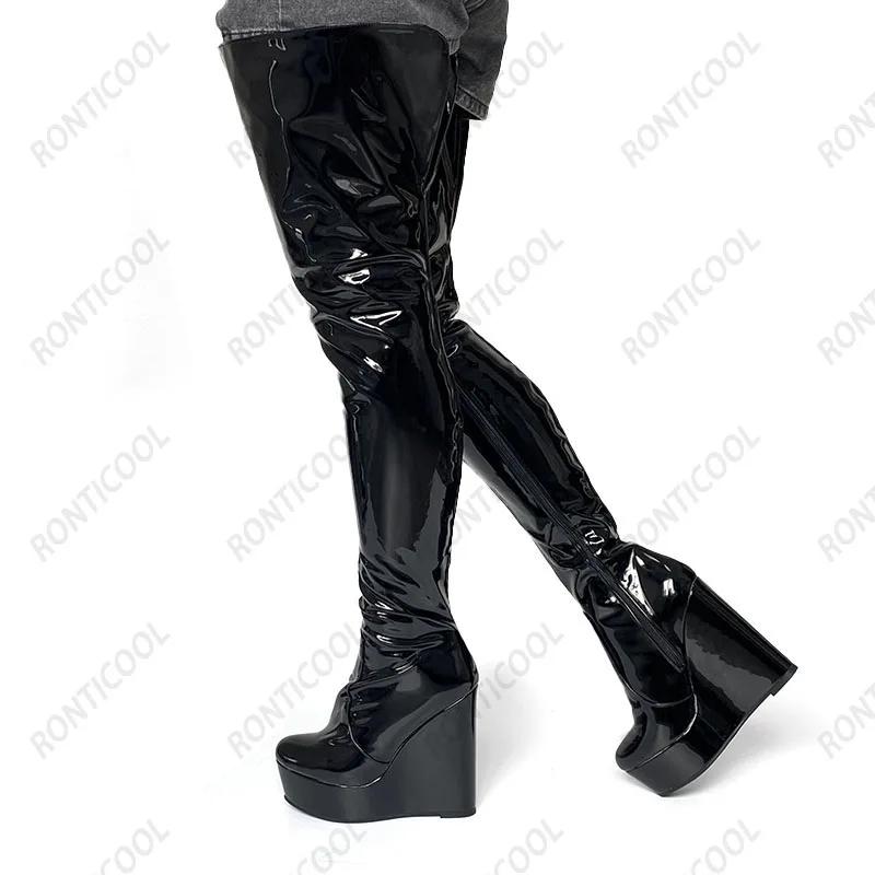 Ronticool Handmade Women Winter Platform Thigh Boots Patent Wedges Heel Round Toe 10 Colors Night Club Shoes Women Us Size 5-20