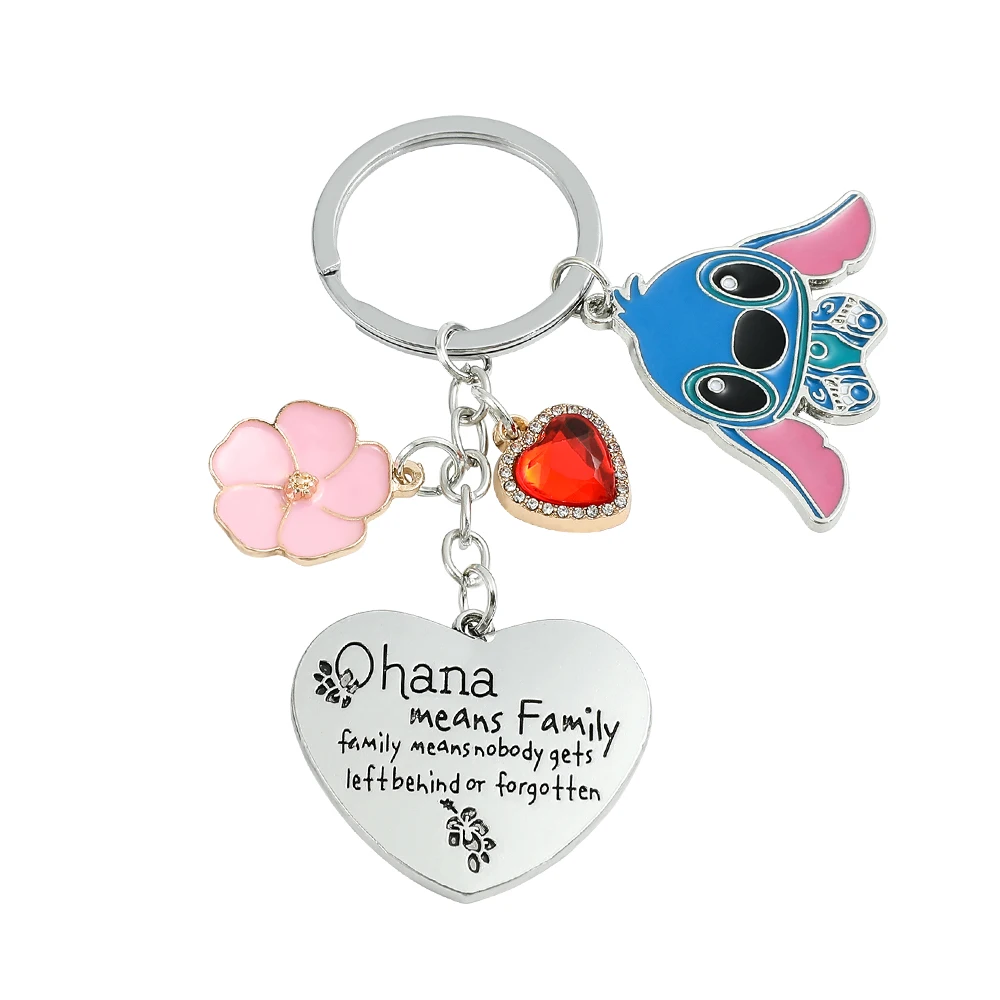 Stitch Key Chain Ohana Means Family Key Chain for Men Key Ring Flower Hearts Pendant Girls Gift Jewelry