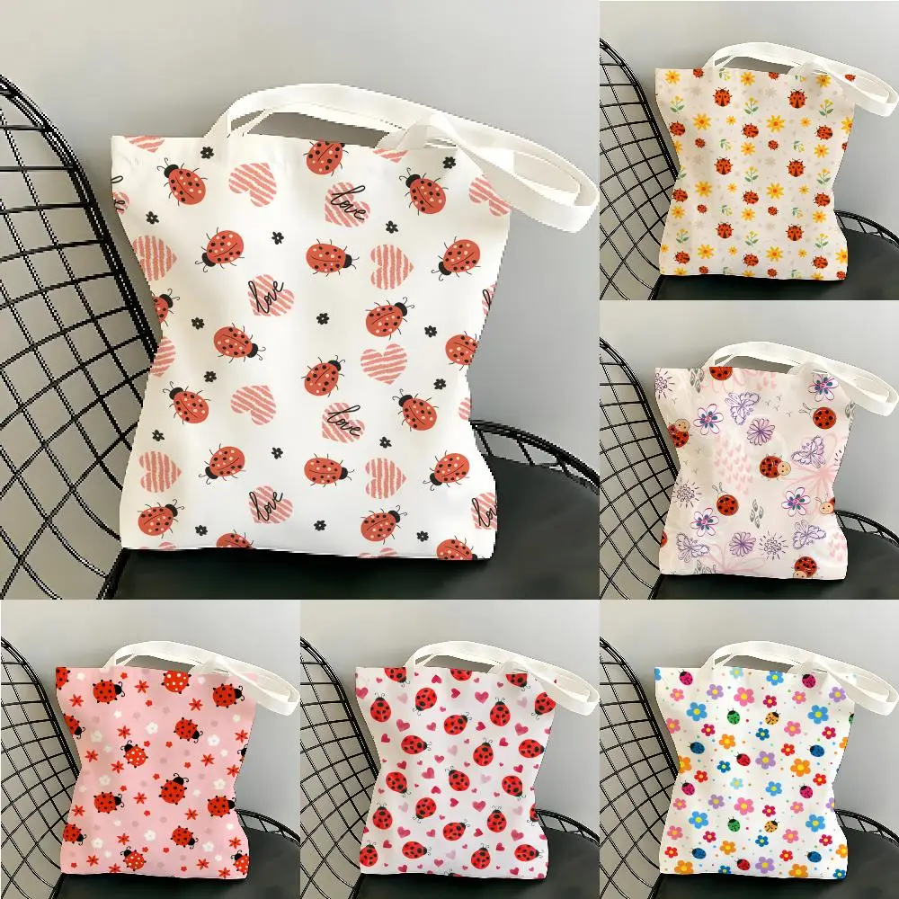Cute Ladybug Colorful Storage Bags Canvas Tote Bag Women Large Capacity Reusable Eco Shopping Shoulder Handbag