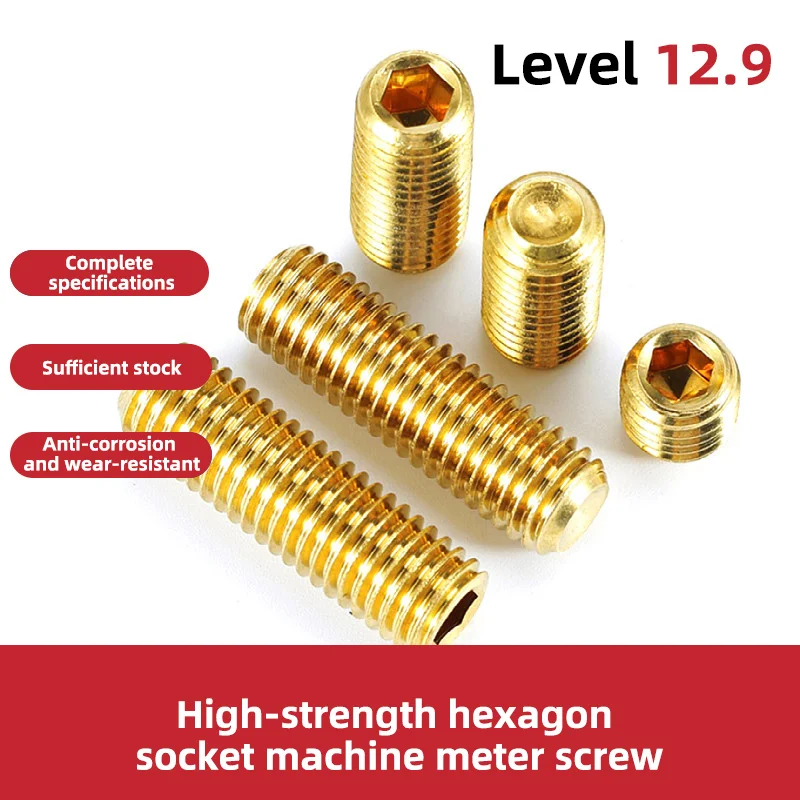 Titanium Gold Plated 12.9 Grade High Strength Hex Set Screws, M3 M4 M5 Concave End Headless Fasteners for Mechanical Fixing