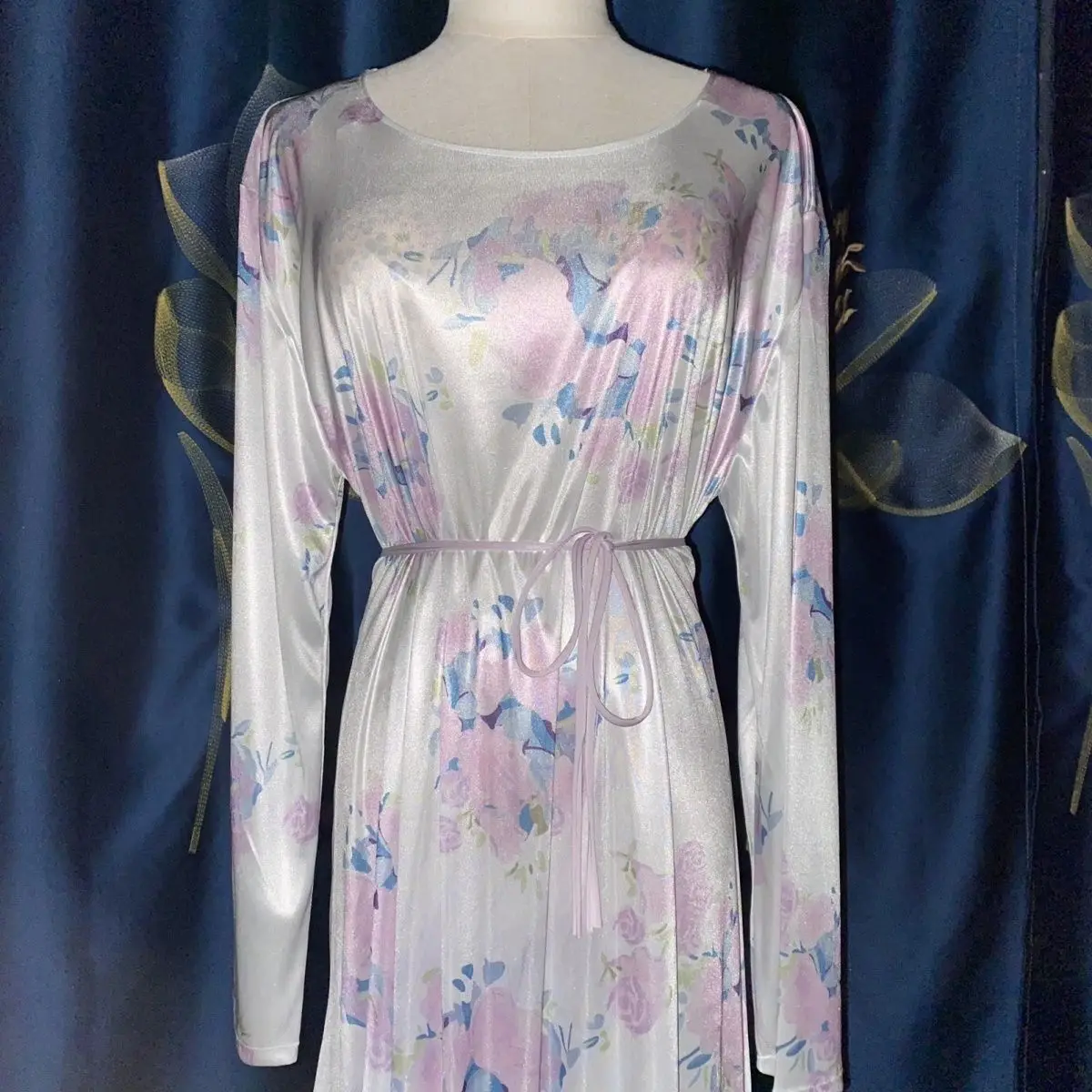Floral Print Glossy Sexy Women Satin Long Dress Long Sleeve Loose Night Dress Plus Size Sleeping Robe