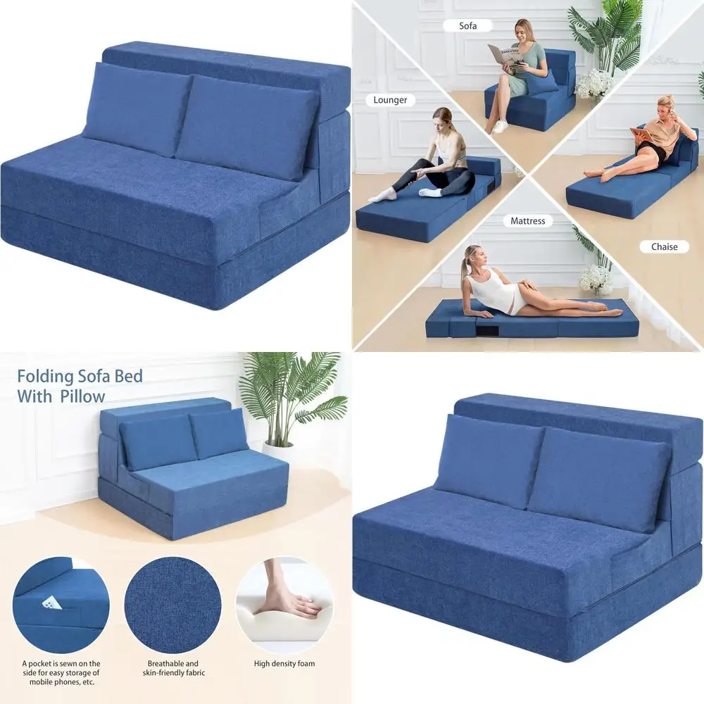 Blue Twin XL Futon Couch Bed, Convertible Sofa Sleeper for Living Room, Dorm, Guest, Office Use