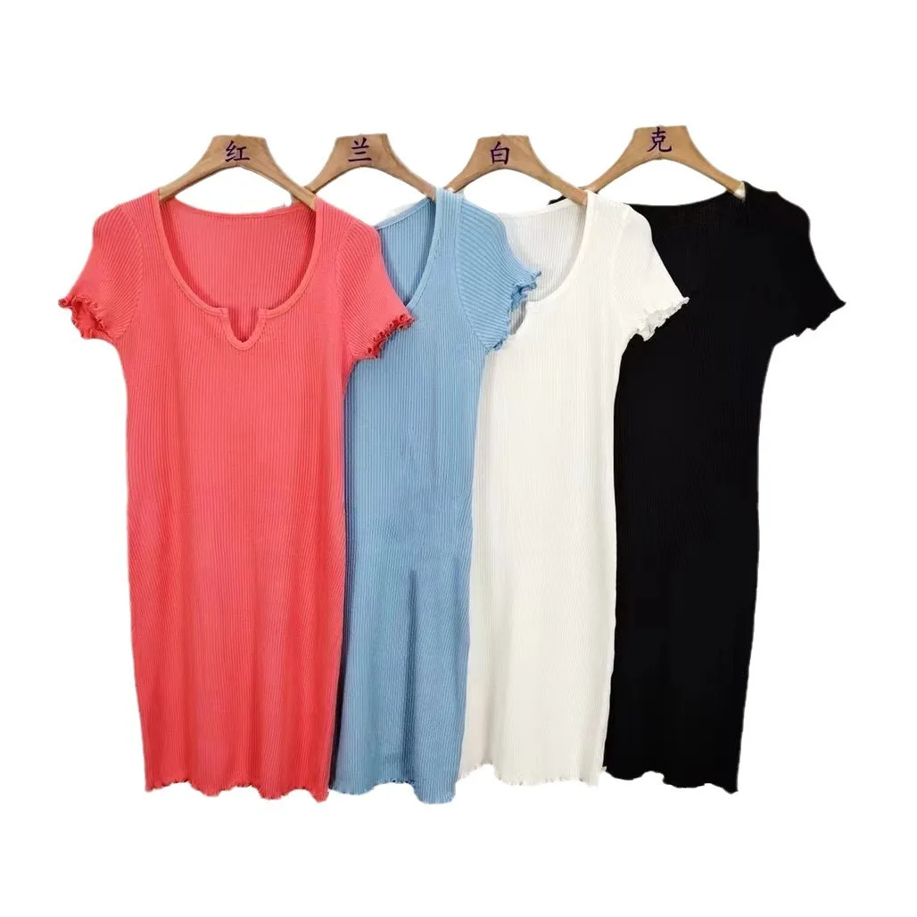 Sexy heißes Mädchen-T-Shirt-Kleid mit V-Ausschnitt und kurzen Ärmeln für Frauen im Sommer, kleine und schmale Passform, sexy, hüftumarmender A-Linien-Kurzrock