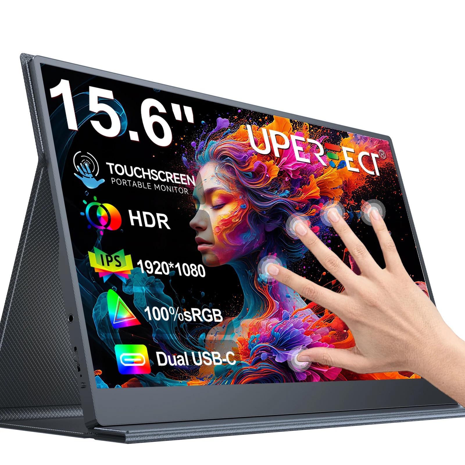 UPERFECT 15,6 Zoll tragbarer Monitor Touchscreen 1080P 10-Punkt Touch Gaming Display mit Schutzhülle VESA für Laptop-Telefon