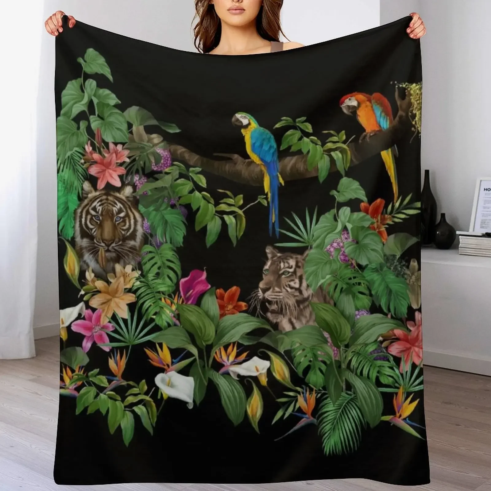 

Jungle pattern.Leopard and parrot ,tropical leaves and flowers.Dark exotic forest. Throw Blanket Sofa Blankets