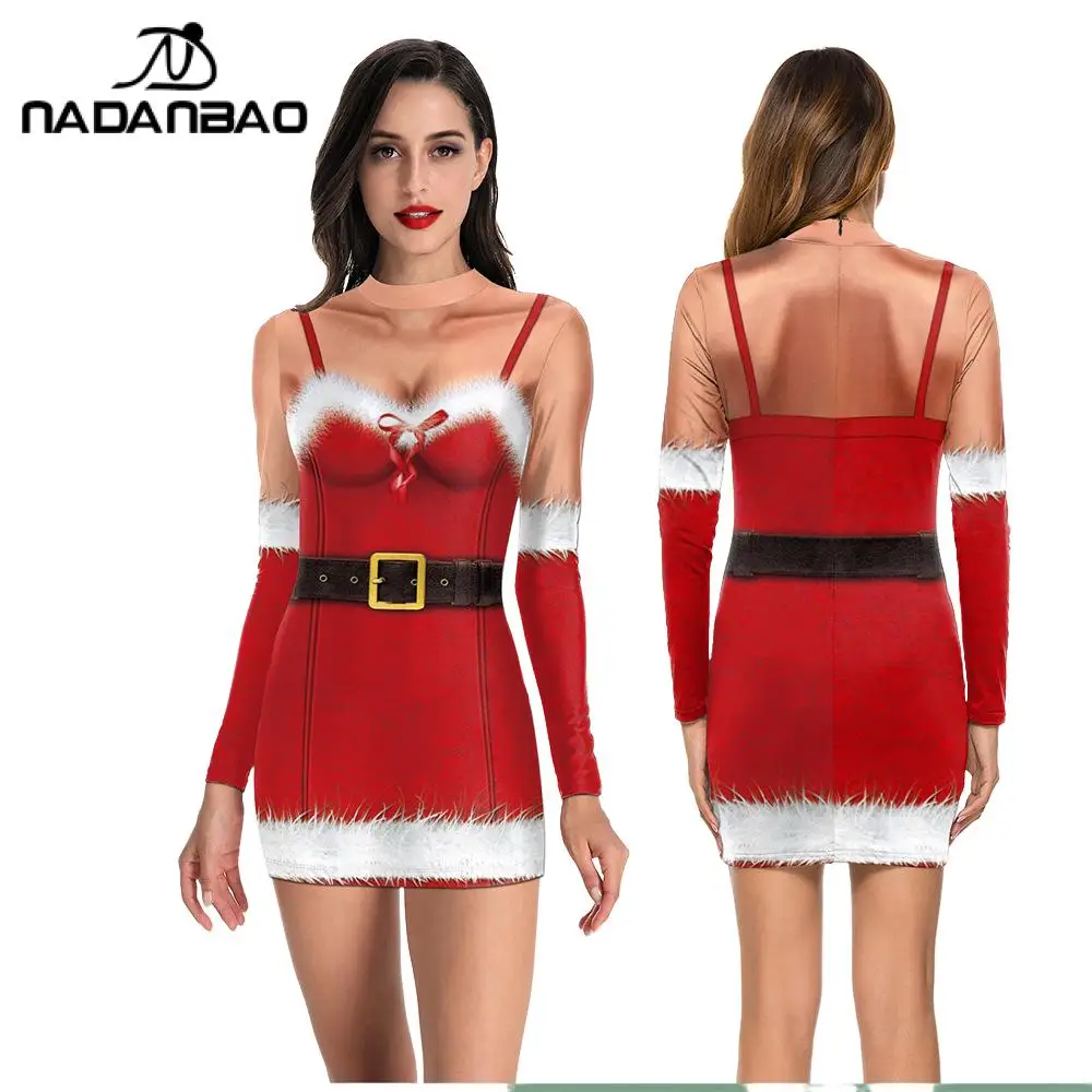 Nadanbao Christmas Funny Holiday Party Dress Women Sexy Digital Printing Costume Girls Long Sleeve Slim Package Hip Dress