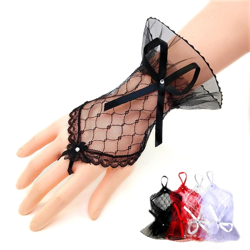 Gothic Short Black Gloves Female Harajuku Lace Bridal Wedding Halloween Lolita Dress Net Gauze Bow Hand Sleeve Fishnet Gloves