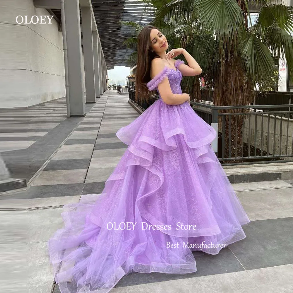 OLOEY Glitter Lavender Evening Dresses Off Shoulder Ruffles Floor Length Prom Gowns Pageant Formal Party Dress Dubai Women