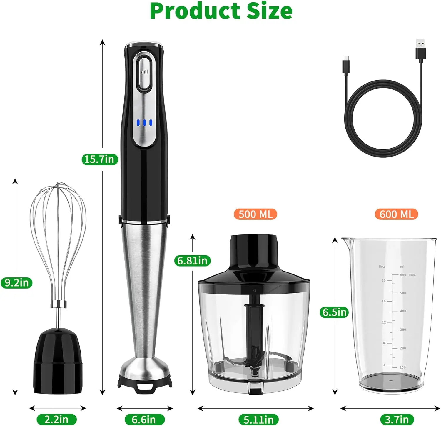 خلاط غاطس لاسلكي، خلاط محمول 4 في 1 قابل لإعادة الشحن مع سرعة متغيرة، شفرة من الفولاذ المقاوم للصدأ، مفرمة، كوب، Wh #2