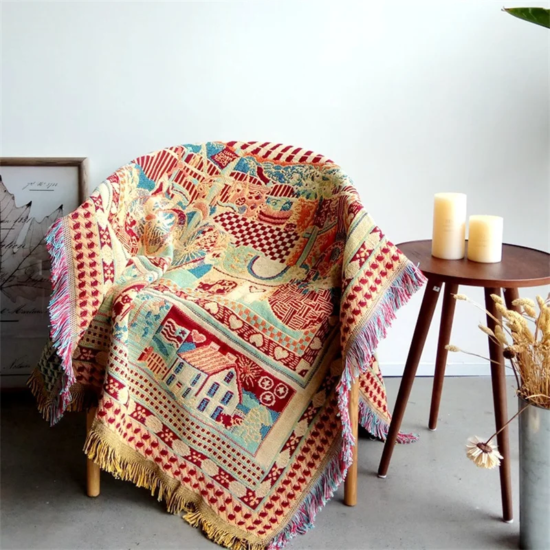 Boho Floral Printed Farmhouse Decorative Bed Blankets Vintage Aztec Fringed Throwing Blanket Sofa Cover Carpet Bed Home Textile