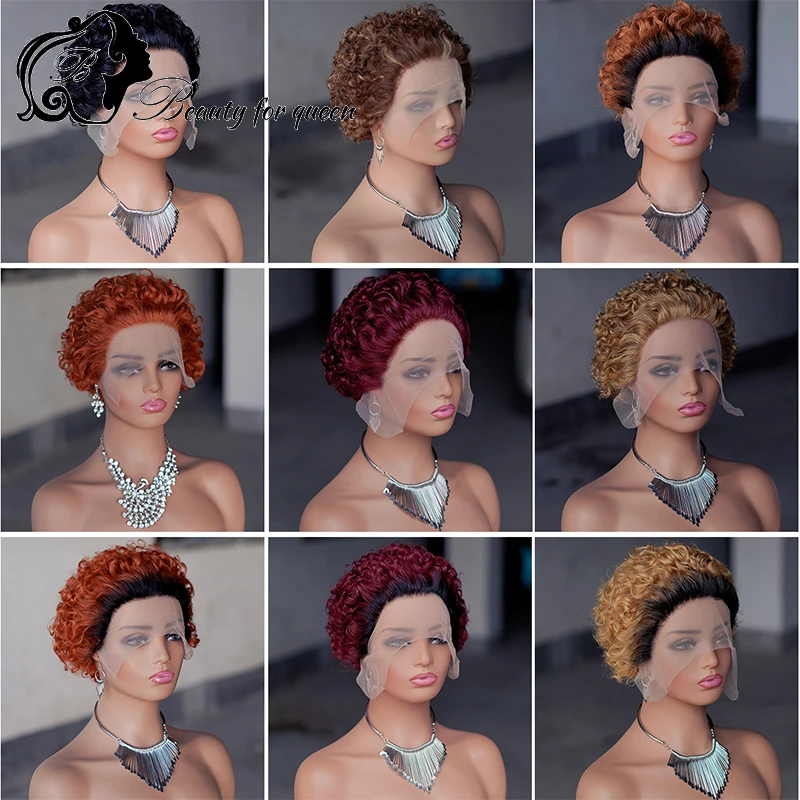 Pixie Cut Wig High Quality 13x4x1 Lace Front Wig Kinky Curly Bob Brazilian Colored Human Hair Wig For Women Pre Plucked