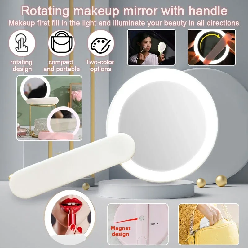 360 °   Rotierender LED-Schminkspiegel, rotierender Schalter, Lichthand-/Desktop mit doppeltem Verwendungszweck, Aufladen, tragbarer Spiegel, Make-up jederzeit berühren