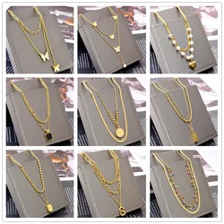 316L Stainless Steel Round Plate Heart Butterfly Long Tassel Pendant Women's Necklace Fashion High Jewelry Party Gift SAN488