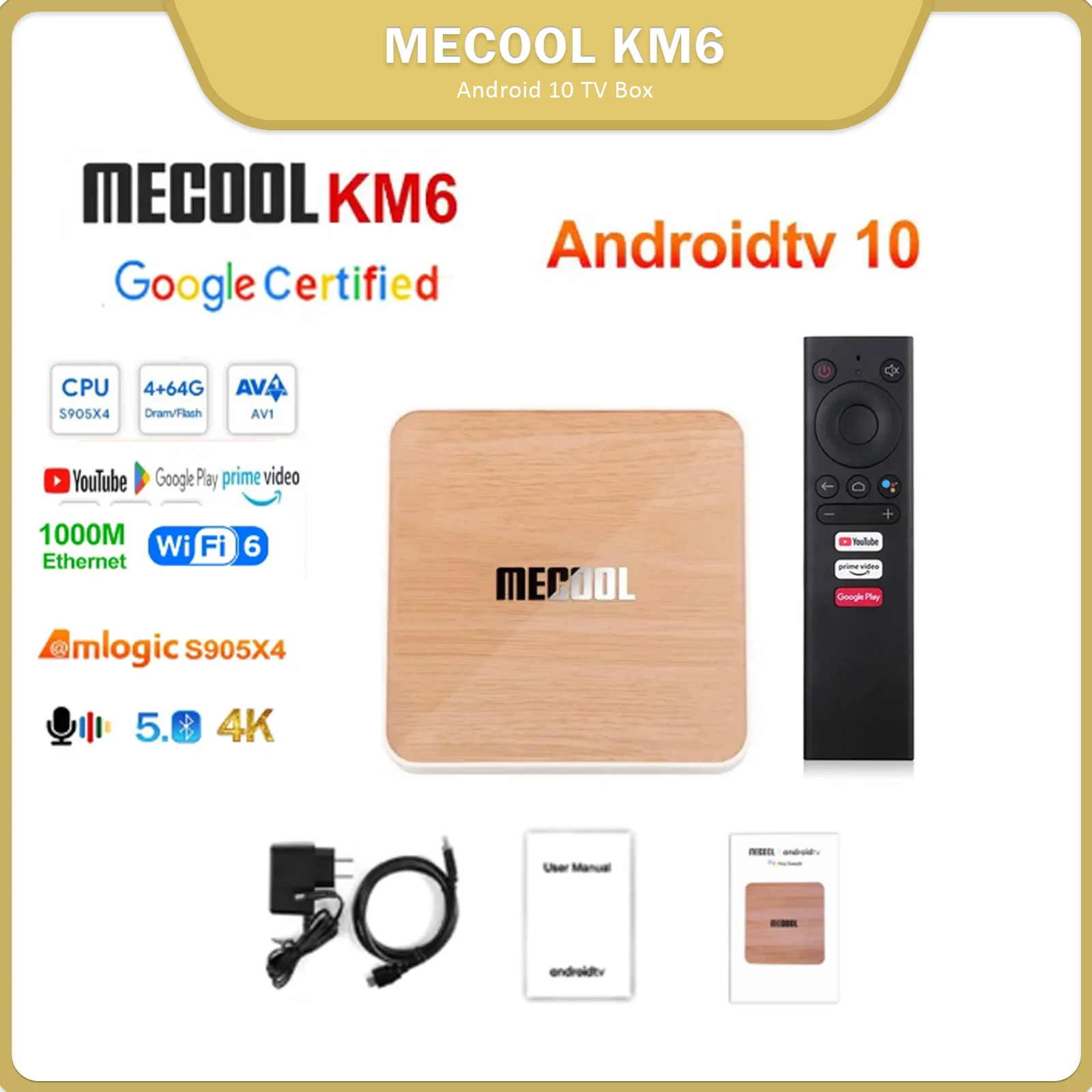 [Genuine]Global MECOOL KM6 TV Box Wifi 6 AV1 Google Certified Android10 4G 64G Amlogic S905X4 1000M LAN BT 5.0 Smart Set Top Box