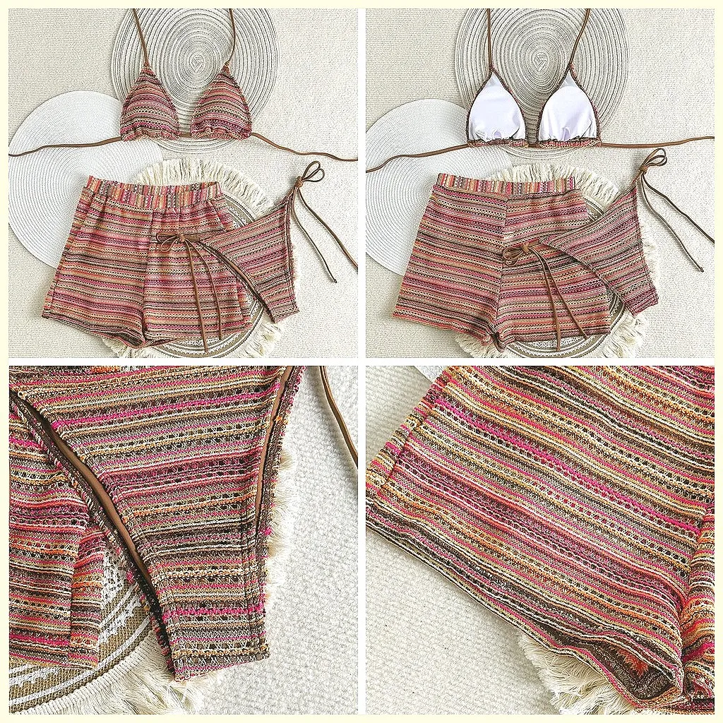 

Sexy 3-Piece Brazilian Bikini Set, Striped Swimwear for Women, Beach & Pool Bathing Suits (Character Count: 78)