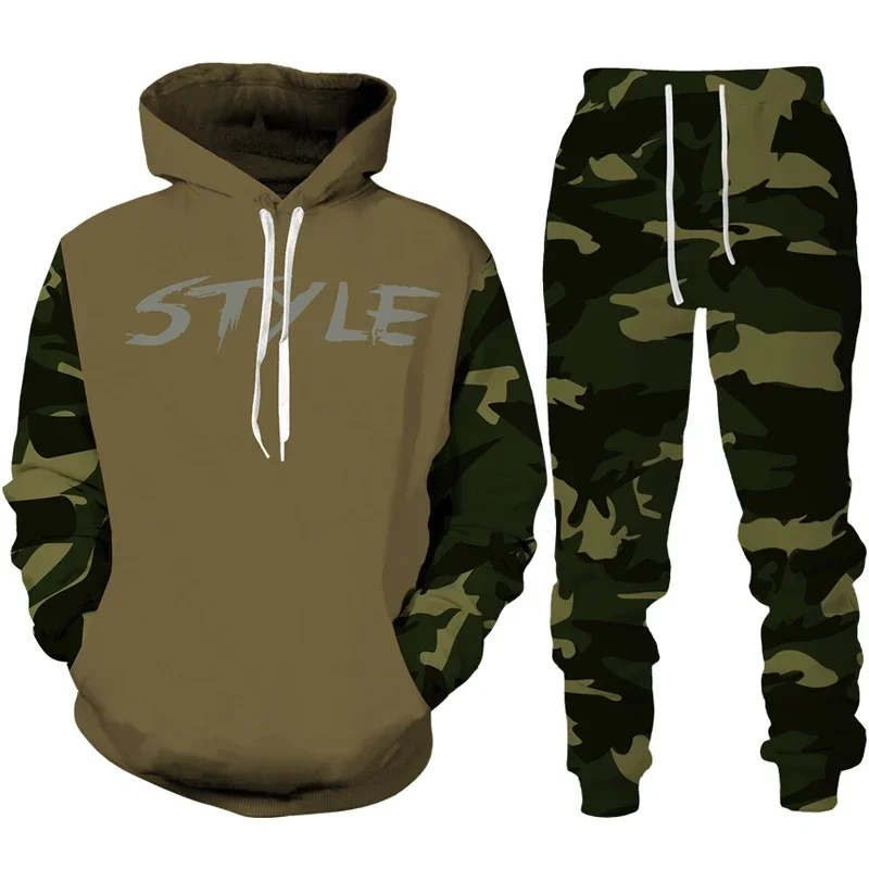 Chándal con estampado 3D de camuflaje para hombre y mujer, conjunto de Sudadera con capucha y pantalones de 2 piezas, ropa deportiva informal de