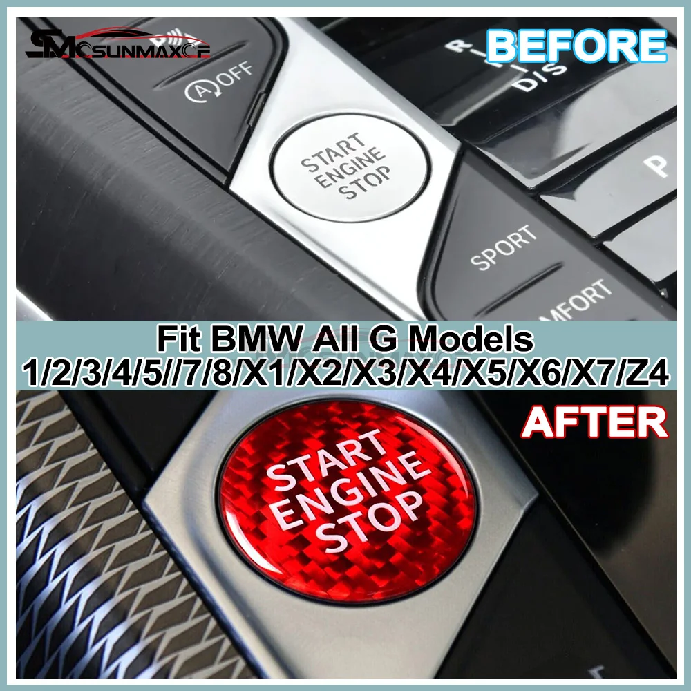 For BMW G Models 1 2 3 4 5 7 8 X1 X2 X3 X4 X5 X6 X7 Z4 Real Carbon Start Stop Engine Button Cover 2019-2026 Car Interior Sticker