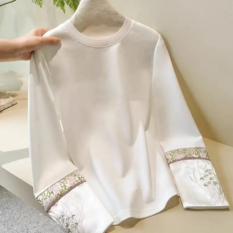 Pure Cotton New Chinese Style Embroidery White Patchwork Sleeves Spring Autumn Long Sleeve Top Base T-Shirt Women
