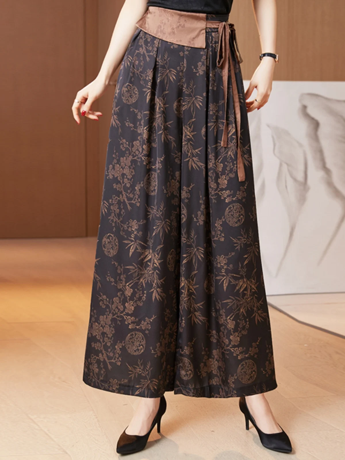 

Широкие шелковые брюки-кюлоты женские, летние, средней длины, с узором «черепаха», универсальные, свободные, из шелка