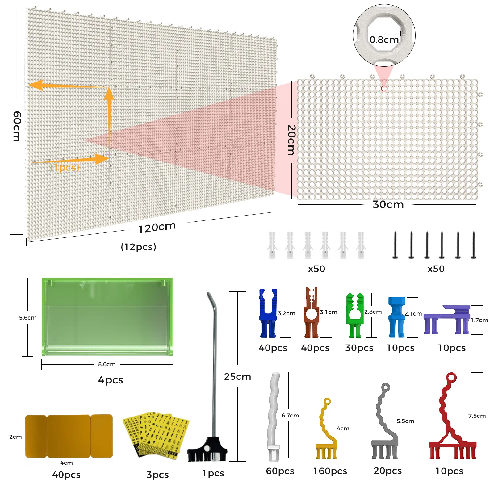 Plastic Pegboard wall storage kit, 12panels White 122 x 61cm, 428accessories, with hooks, clips, and boxes, modular tool storage