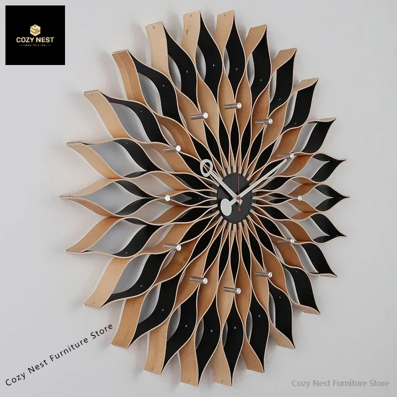 Nordic Large Wall Clock Wood Luxury Sun Creative Flower Silent Watch Metal Clocks Wall Home Decor Living Room Decoration Gift