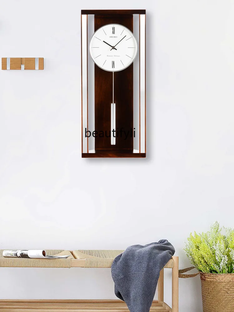 Clock Fashion Simple Music Time Signal Clock Metal Hanging Solid Wood Living Room Large Wall Clock