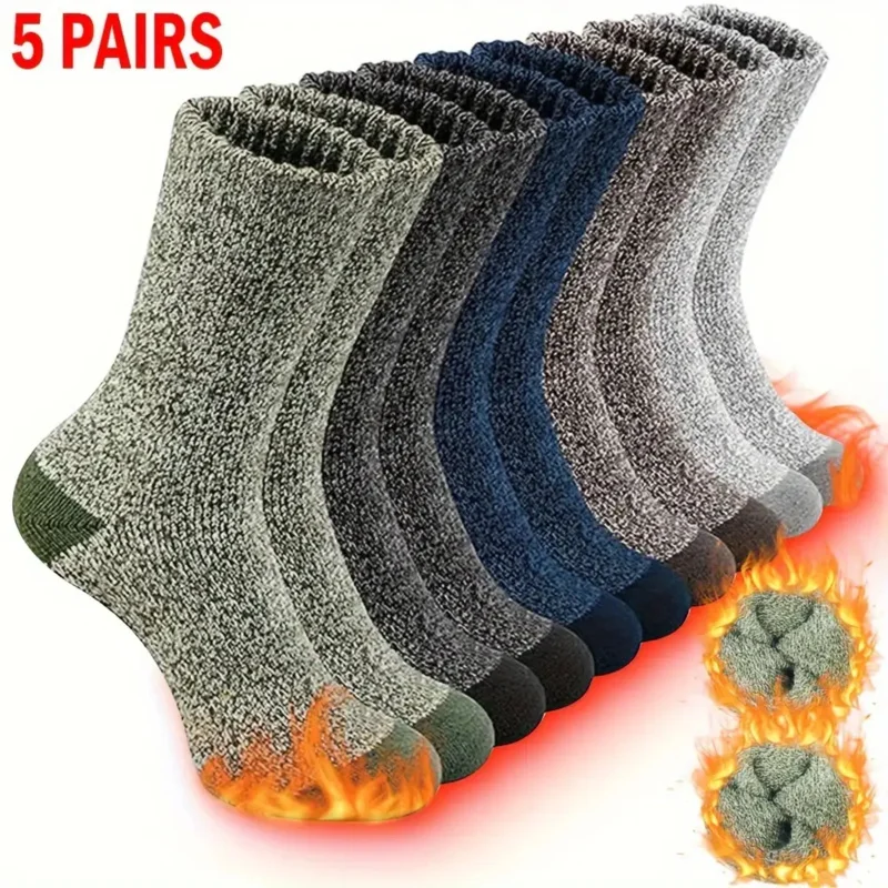 

5pcs Men's Thermal Winter Socks - Cozy & Warm for Hiking, Fishing Breathable Polyester Blend Sport Socks Machine Washable