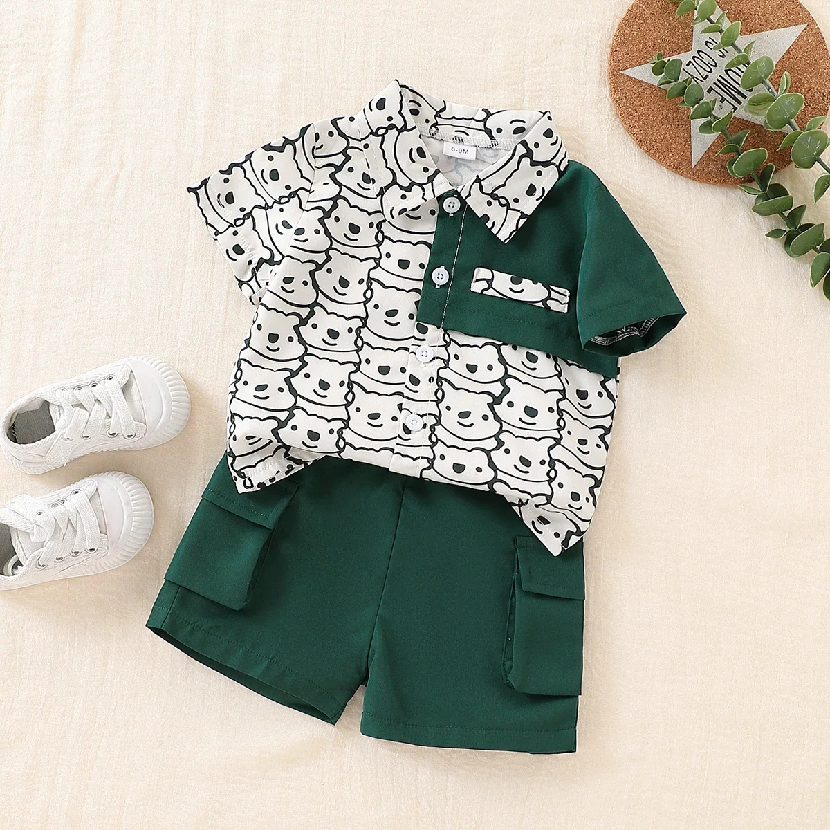 Baby Boys 2-Piece Set Cartoon Teddy Bear Printed Short-Sleeved Shirt And Shorts Fashionable Summer Outfit for Toddlers