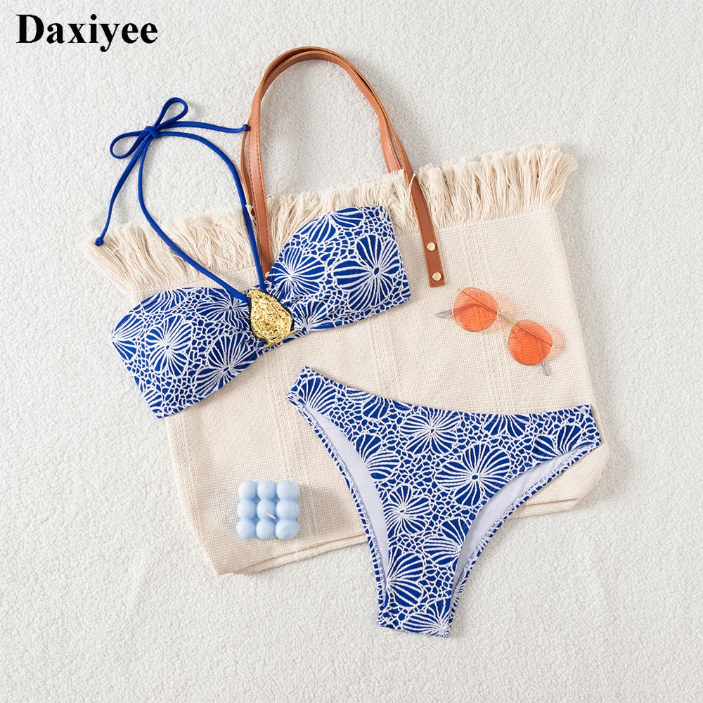 Micro Thong Two Pieces Bikini Set Halter Bandage Women Swimsuit 2025 Sexy Metal Patchwork Swimwear Bandeau Bathing Suit Biquini