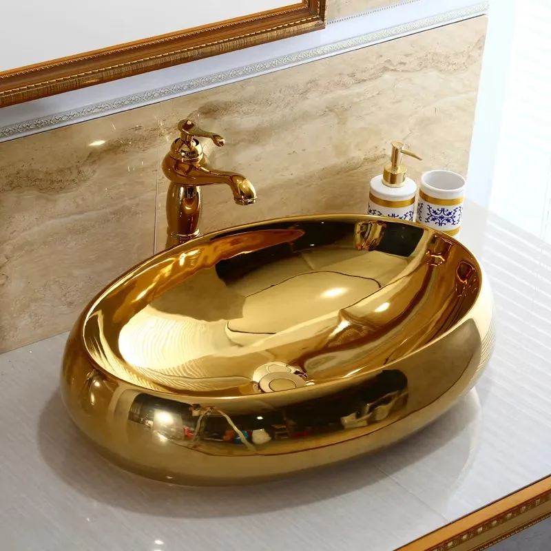 Hot Sale Ceramic Acrylic Stone Gold Color Wash Basin Golden Sink Bathroom Washbasin Price
