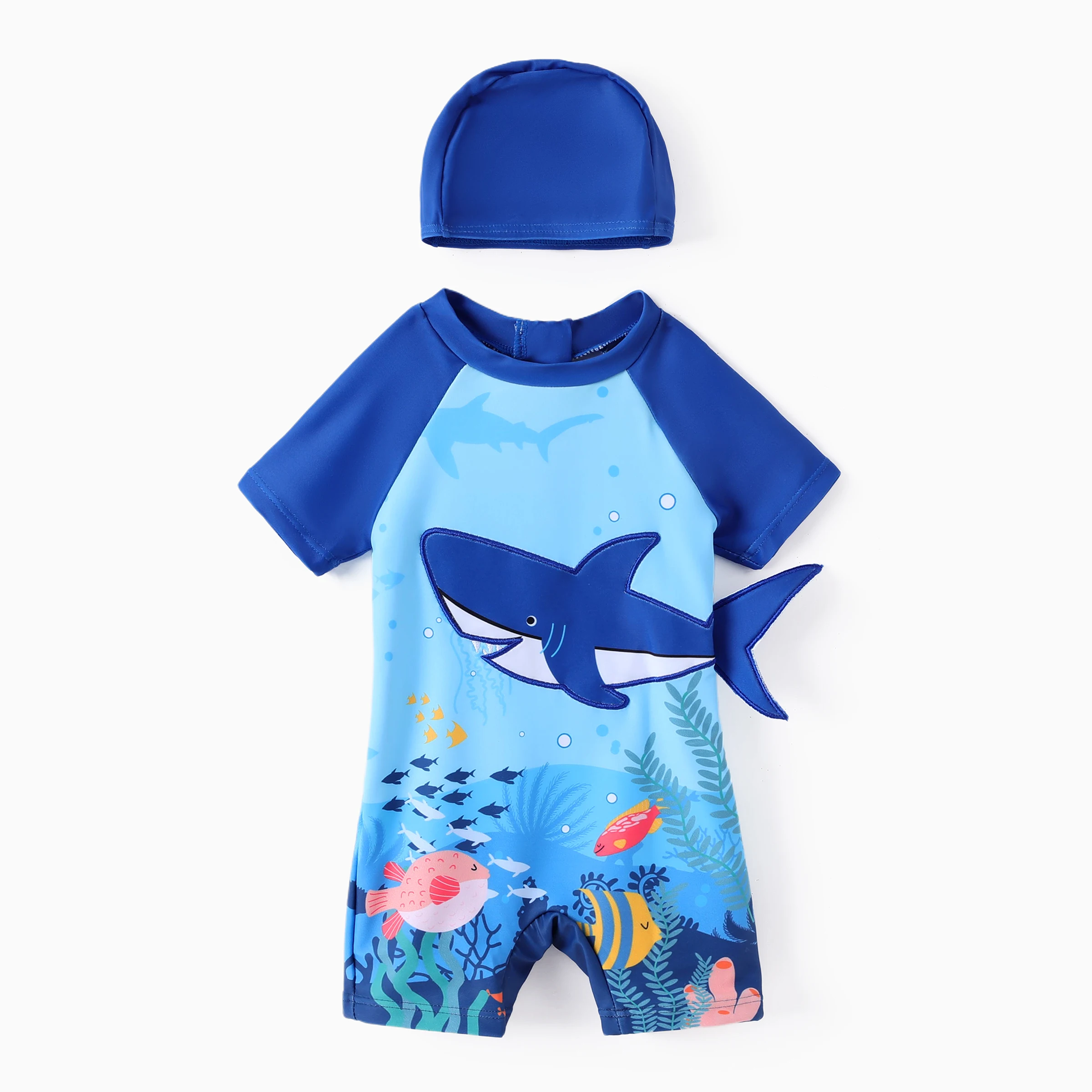 

PatPat Baby Boy 2pcs Marine Shark Print Swimsuit with Swimming Cap