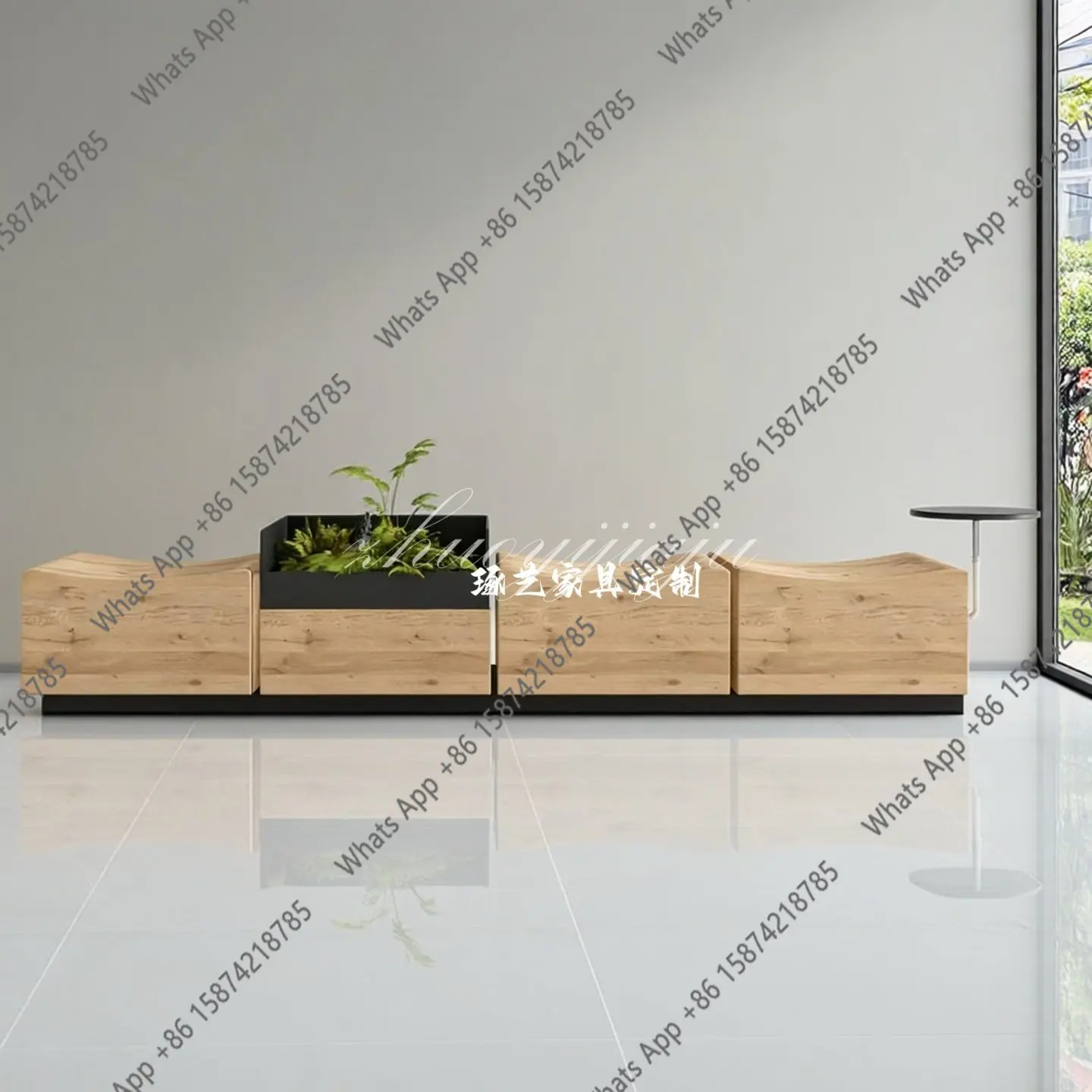 Designer Creative Wooden Commercial Leisure With Flower Pot Storage Bench Club Cafe Rest Area Seat