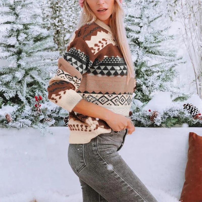 سترة نسائية محبوكة بنمط الماس كبيرة الحجم طويلة Sve مستديرة Ne بلوفر ملابس شتوية غير رسمية