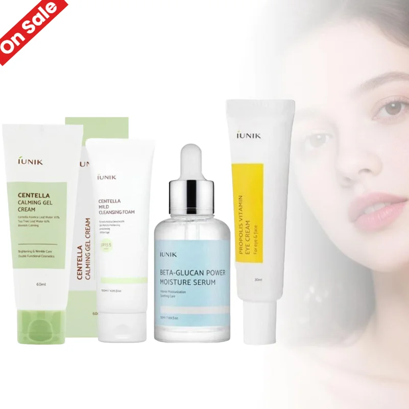 IUNIK Set de Cuidado Facial Coreano de 4 Piezas, Limpiador y Crema en Gel de Centella, Suero de Beta-Glucano, Crema Contorno de Ojos de Propóleo, Hidratante y Calmante