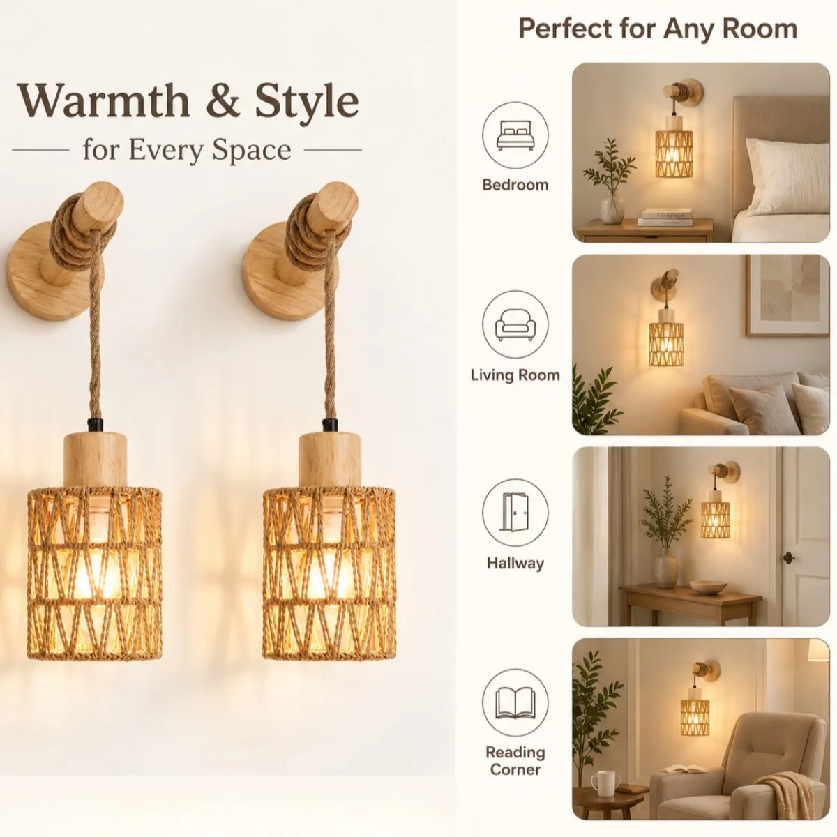 JOYINLED 1/2er-Pack E27 Wandleuchte im japanischen Stil, geflochtene Papierseil-Wandleuchte mit Holzmaserung, Eisenkörper, Korb-Lampenschirm