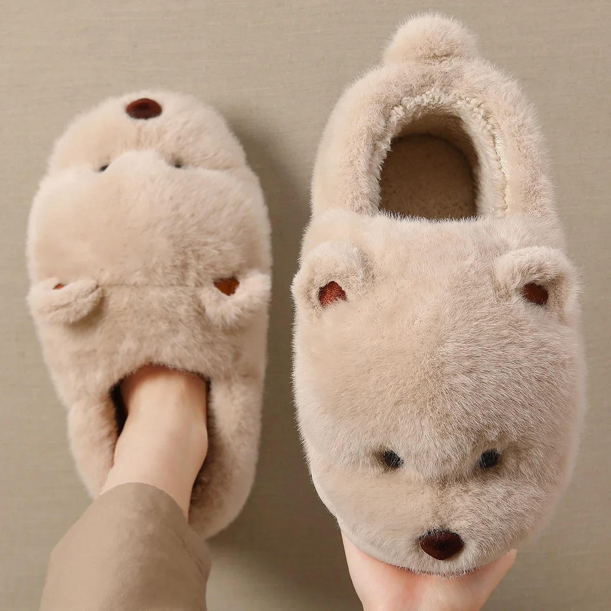 Winter Warm 3D Cartoon Dog Bear Thick Furry Women Plush Slippers Ankle Wrap Lady Couple Men Home Cotton Shoes