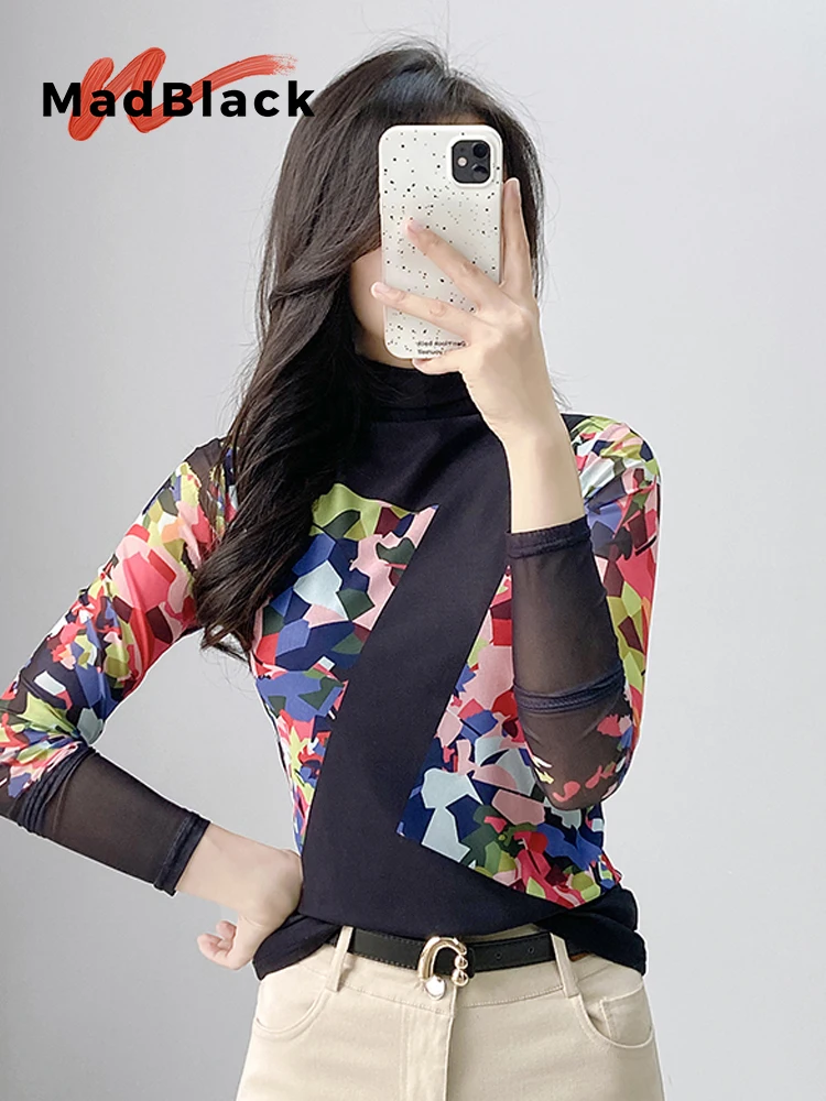 

MadBlack-Women European T-Shirt, Sexy Turtleneck Geometry Print, Clubwear Long Sleeve Slim S-3XL Mesh Tee, 2025 Autumn T5O310CC