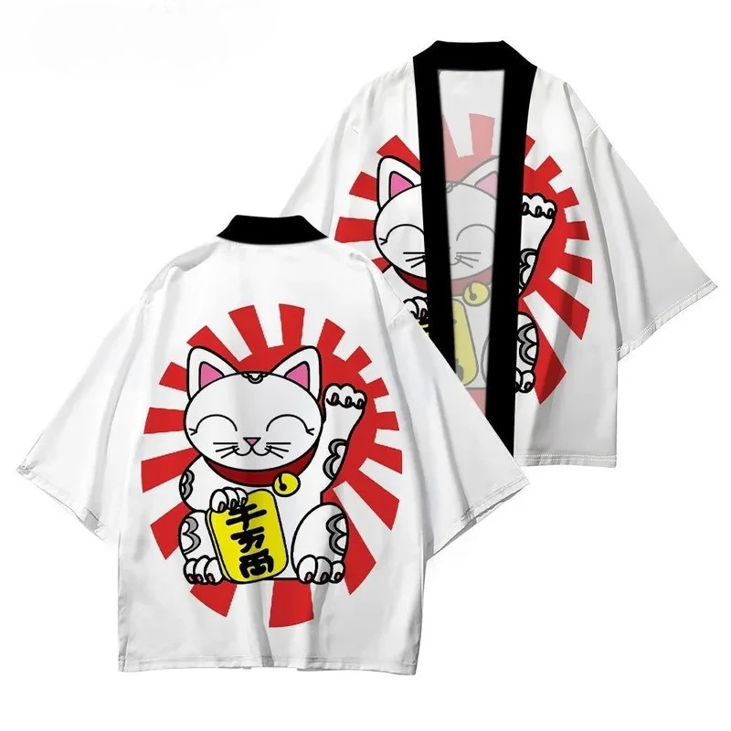 طباعة قطة على الطراز الياباني، هاوري كيمونو، يوكاتا، الساموراي، كيمونو للرجال والنساء، الملابس الآسيوية التقليدية، سترة هاراجوكو