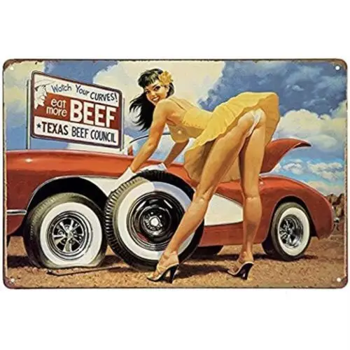 Vintage Retro Pin-Up Metal Sign Texas Beef Classic Car Man Cave Decor