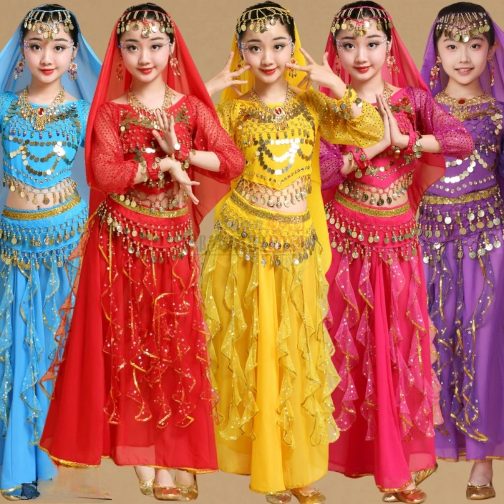 

Girls Long Sleeve Indian Belly Dance Costume Xinjiang Style Performance Outfit Kids Ethnic Stage Wear Vibrant Flowy Look